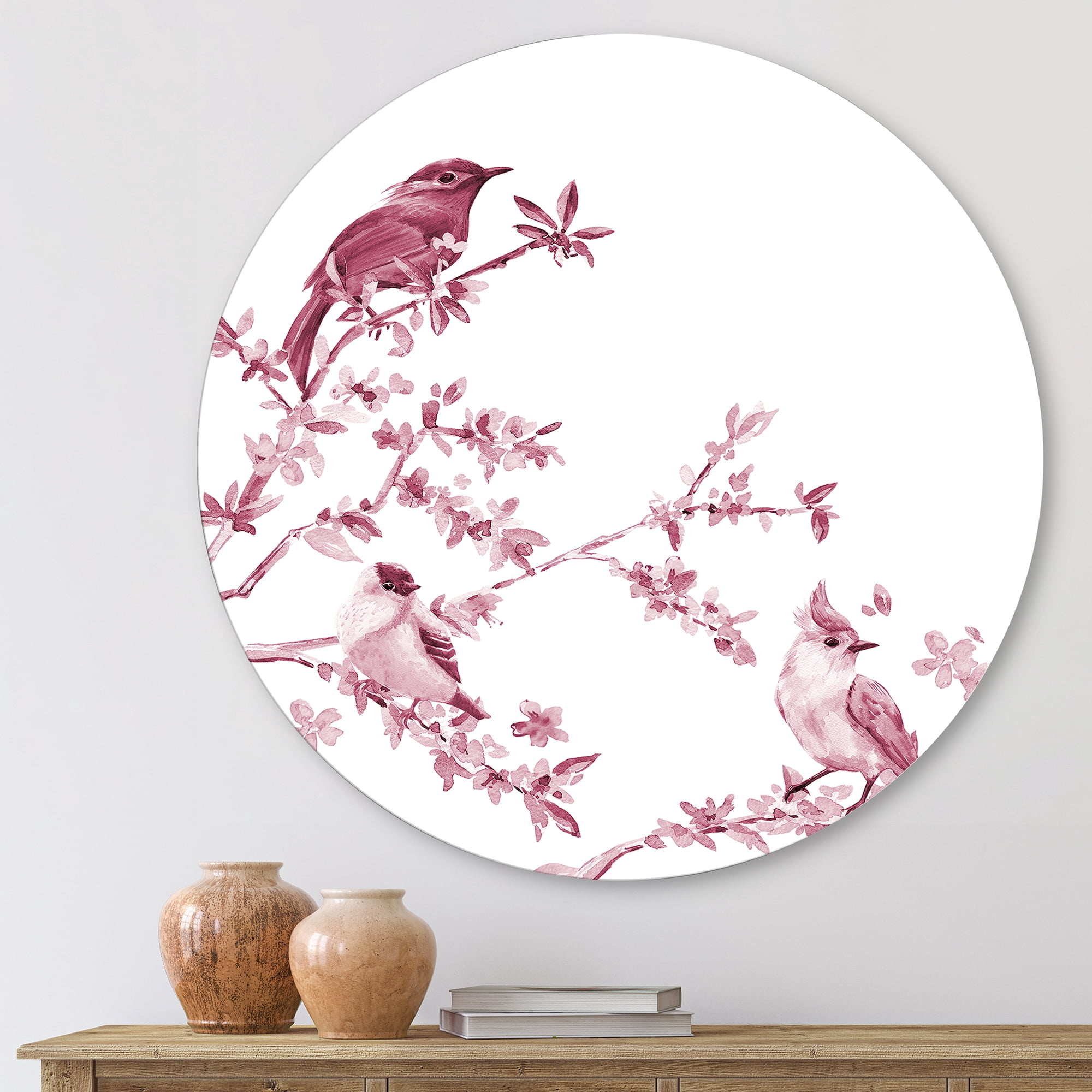 Designart 'Beautiful Pink Birds Sitting On Flowering Branches' Traditional Circle Metal Wall Art 23x23 - Disc of 23