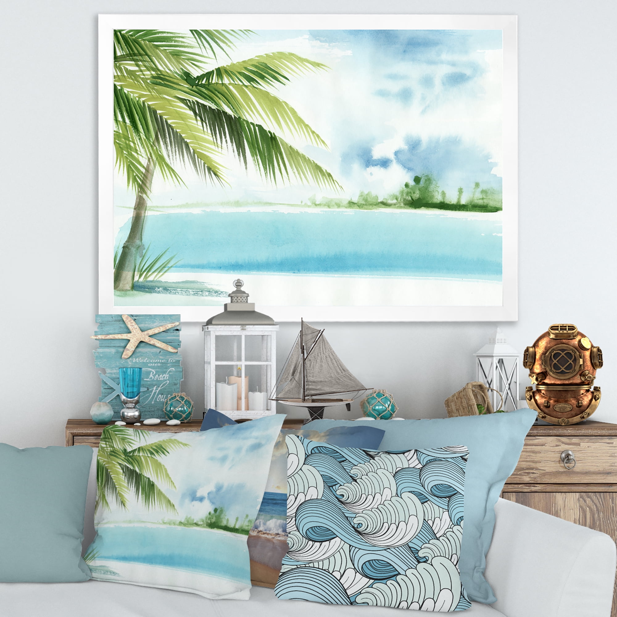 Designart 'Palm Beach Resort At Sunrise I' Nautical & Coastal Framed Art Print