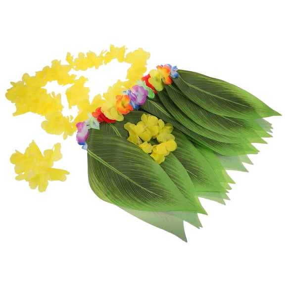 OUNONA Hawaiian Grass Skirt Costume Set for Women's with Yellow Luau Skirt and Flower Lei for Tropical Parties
