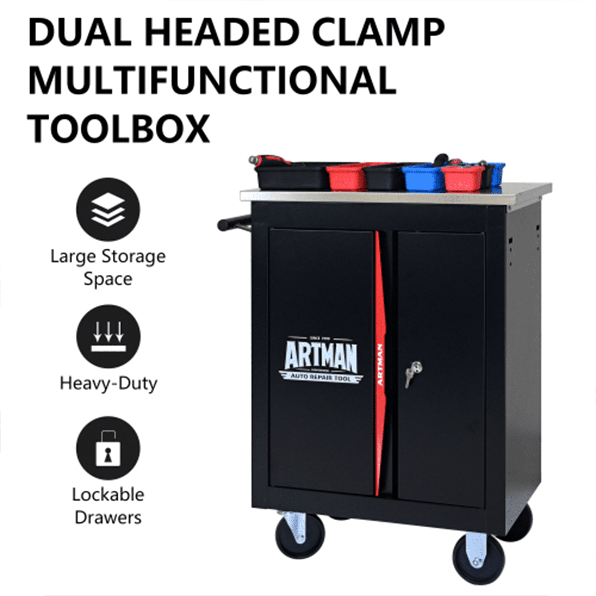 ARTMAN Double-Door Tool Storage Chest, Heavy Duty Tool Cart Cabinets ,Steel Rolling Tool Box for Workshop Garage Repair Shop