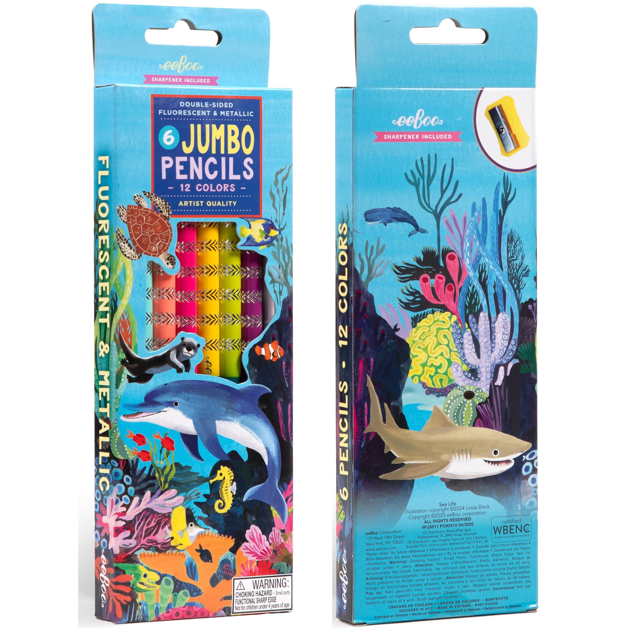 eeBoo: Double-Sided Jumbo Colored Pencils – Sea Life - 6pc Set, 12 Metallic & Fluorescent Colors, Sharpener, Chunky Foil Barrel, Kids Art Supplies