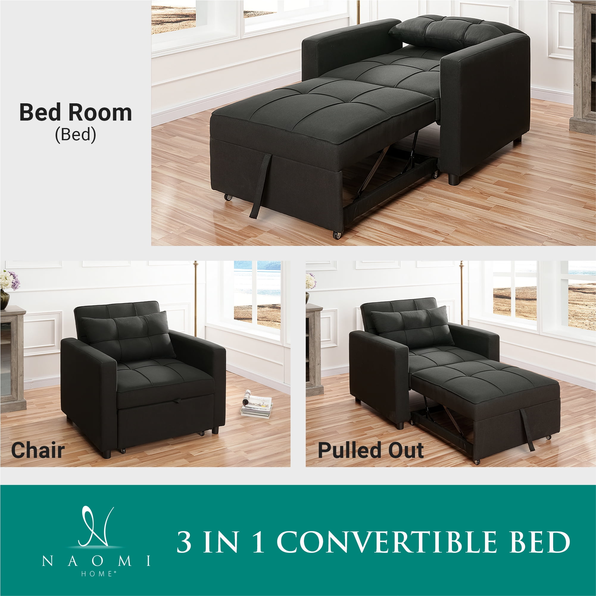 Convertible Sleeper Chair Bed, 3 in 1 Convertible Sleeper Sofa Bed, Linen Convertible Ottoman Bed, Adjustable Backrest, Modern Sleeper Chairs for Adults for Living Room -Color: Black, Fabric: Linen