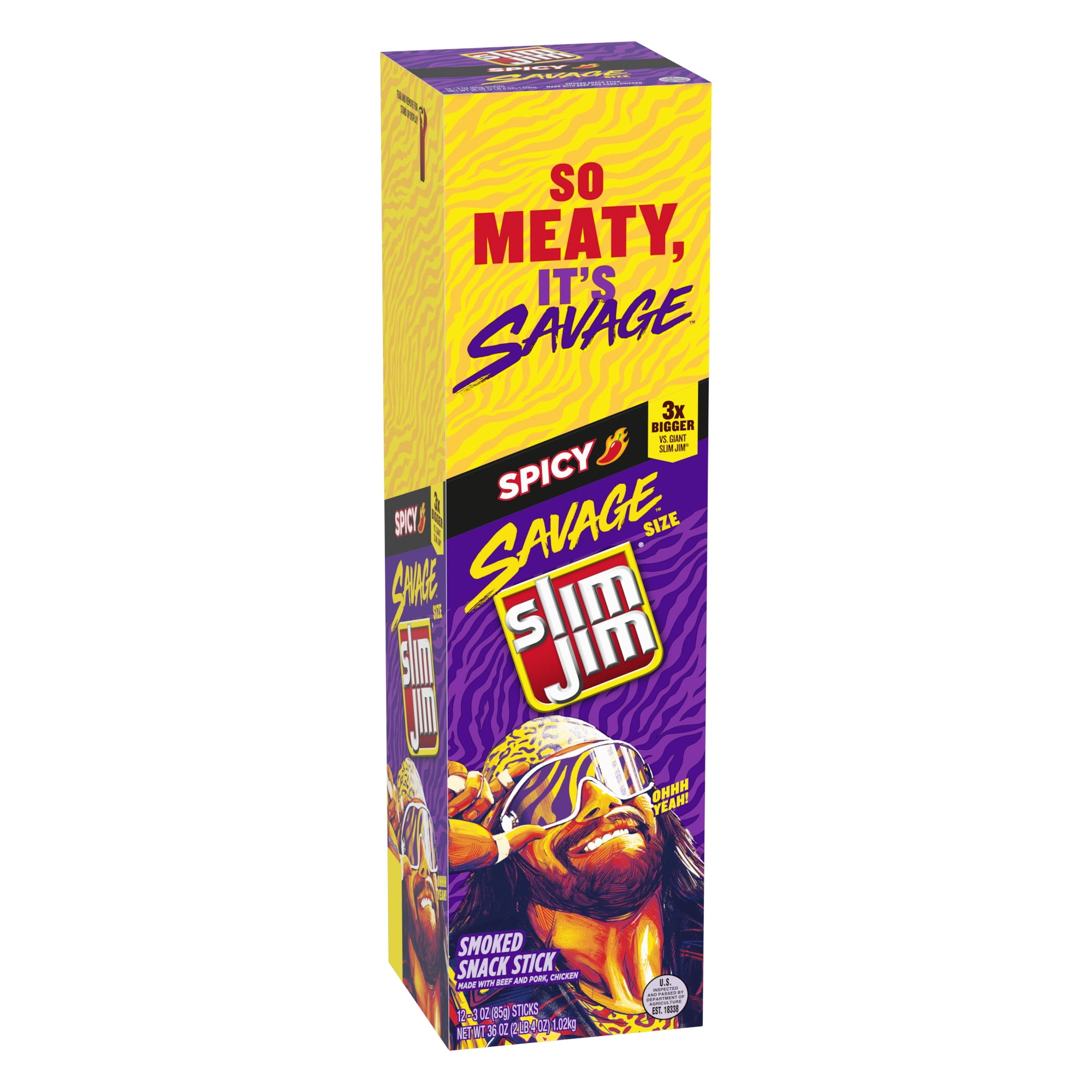 Slim Jim Savage Smoked Meat Sticks, Spicy Flavor, High Protein, 3.0 oz. (12-Count)