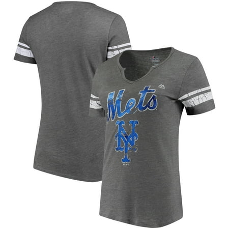 New York Mets Majestic Women's Two Seamer V-Notch T-Shirt - Gray/White