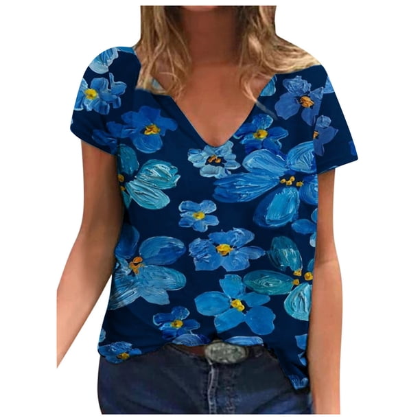 Moda Mujer Cuello en V Manga corta Impresión Jersey Blusas sueltas Tops Camiseta OAVQHLG3B Store lin121212