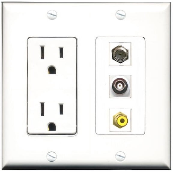 RiteAV - 15 Amp Power Outlet 1 Port RCA Yellow 1 Port Coax 1 Port BNC Decorative Wall Plate