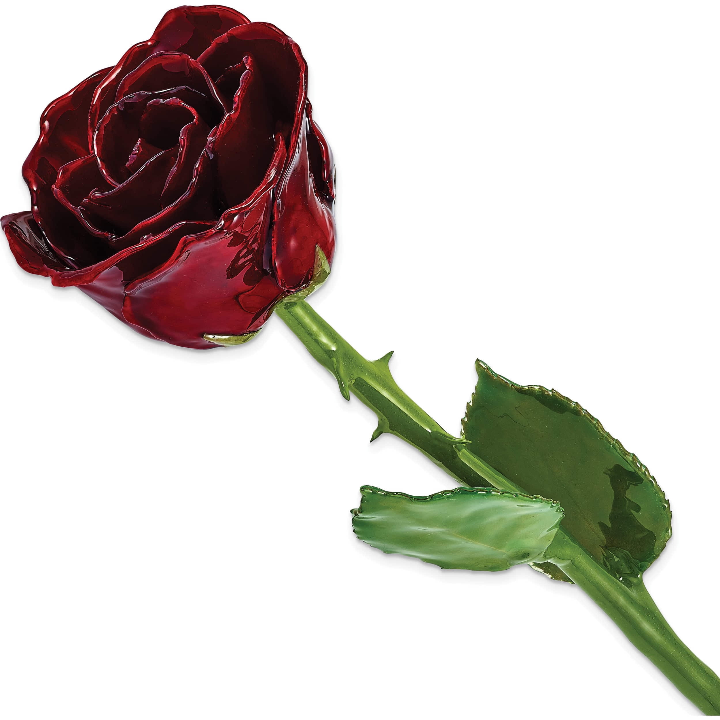 Fashion Lacquer Dipped Natural Burgundy Rose With Green Leaves And Stem Made In Thailand gm13071