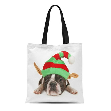 ASHLEIGH Canvas Tote Bag Elf Boston Terrier Christmas Hat on Ears Costume Dog Reusable Shoulder Grocery Shopping Bags Handbag
