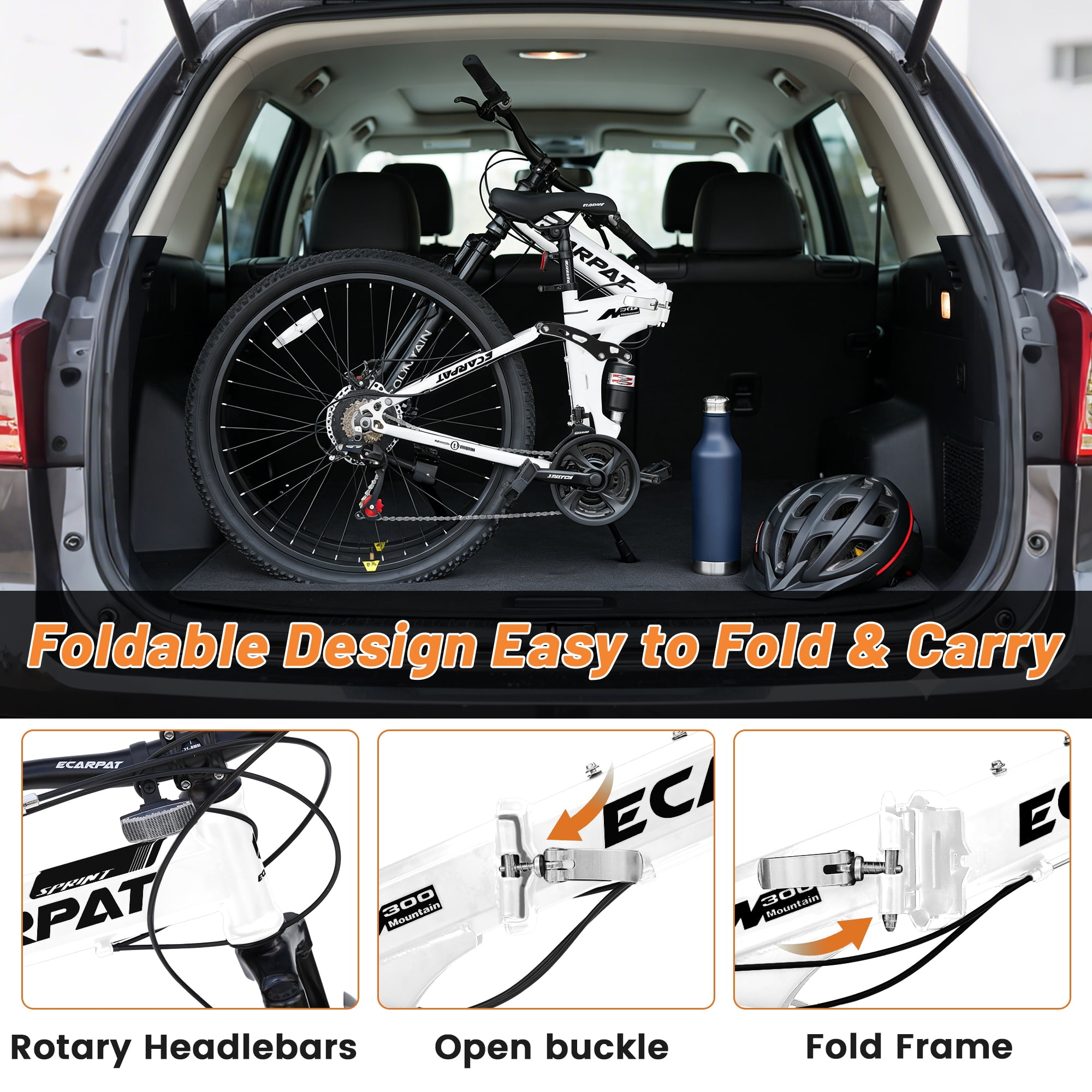 Ecarpat 26 Inch Folding Mountain Bike, 21 Speed Full Suspension Bicycle Dual Disc Brake, Durable Steel Fold Bike for Women and Man