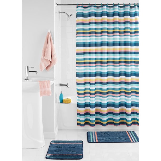Mainstays Vivid Stripes Polyester Shower Curtain Bath Set, 70" x 72", Navy, 15 Pieces Walmart
