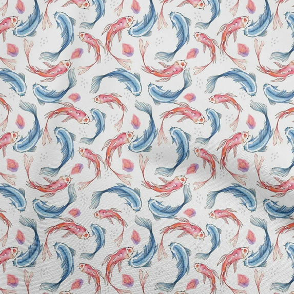 oneOoneCottonPoplinWhiteFabricAsianJapaneseKoiFishSewingCraftProjectsFabricPrintsByYard42InchWide
