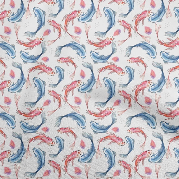 oneOonePolyesterSpandexWhiteFabricAsianJapaneseKoiFishDressMaterialFabricPrintFabricByTheYard56InchWide