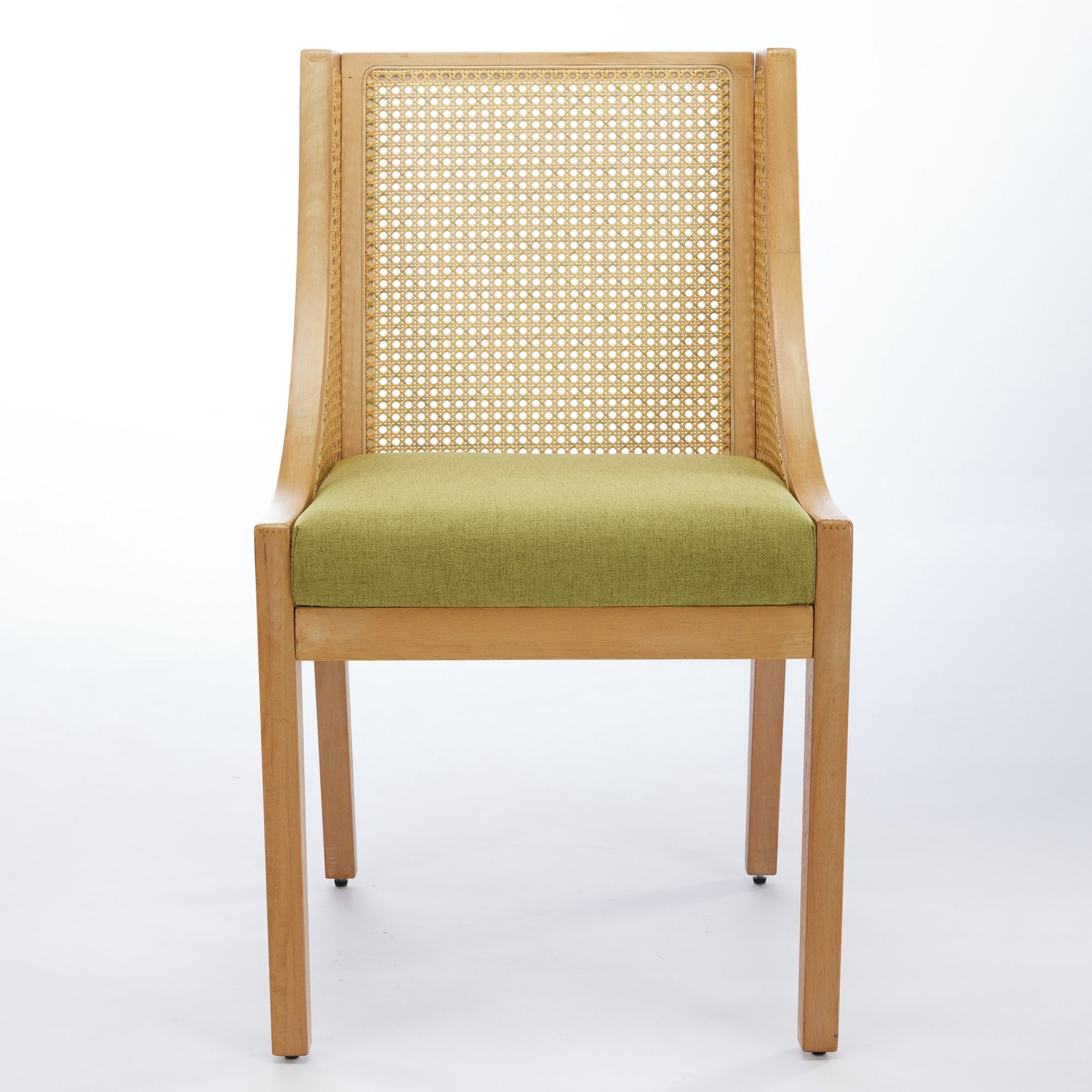 Noble House Dining Chair with Rattan Back, Linen Seat, Solid Wood Frame, Olive Green