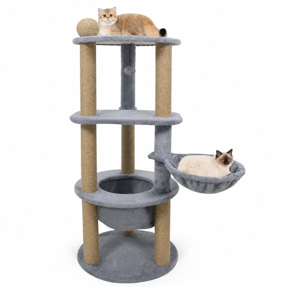SUGIFT 47 Inch Tall Cat Tower with Cat Nest, Multi Level Cat Tree with Plush Perch and Jute Scratching Posts for Indoor Cats, Light Gray