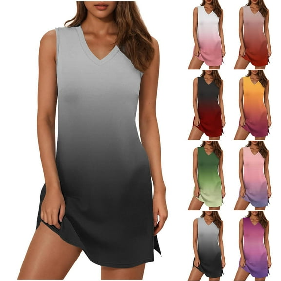 Bovxnpu Womens Summer Dress, Women's Casual Sundress Flowy A-Line Dresses Mini Dress, Women's Summer Fashion Printing Sleeveless V-Neck Dress L