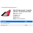 thumbnail image 2 of Right Tail Light Assembly - Compatible with 2012 - 2019 Nissan Versa Sedan 2013 2014 2015 2016 2017 2018, 2 of 2