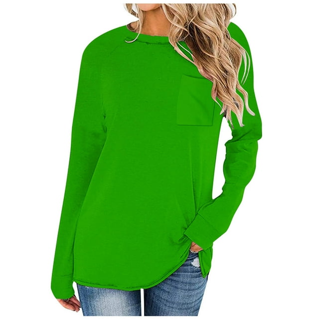 Timegard Hauts pour Femmes Col Ras du Cou Manches Longues Épaules Tombantes T-Shirt Basique Automne Décontracté Ample Hauts avec Poche