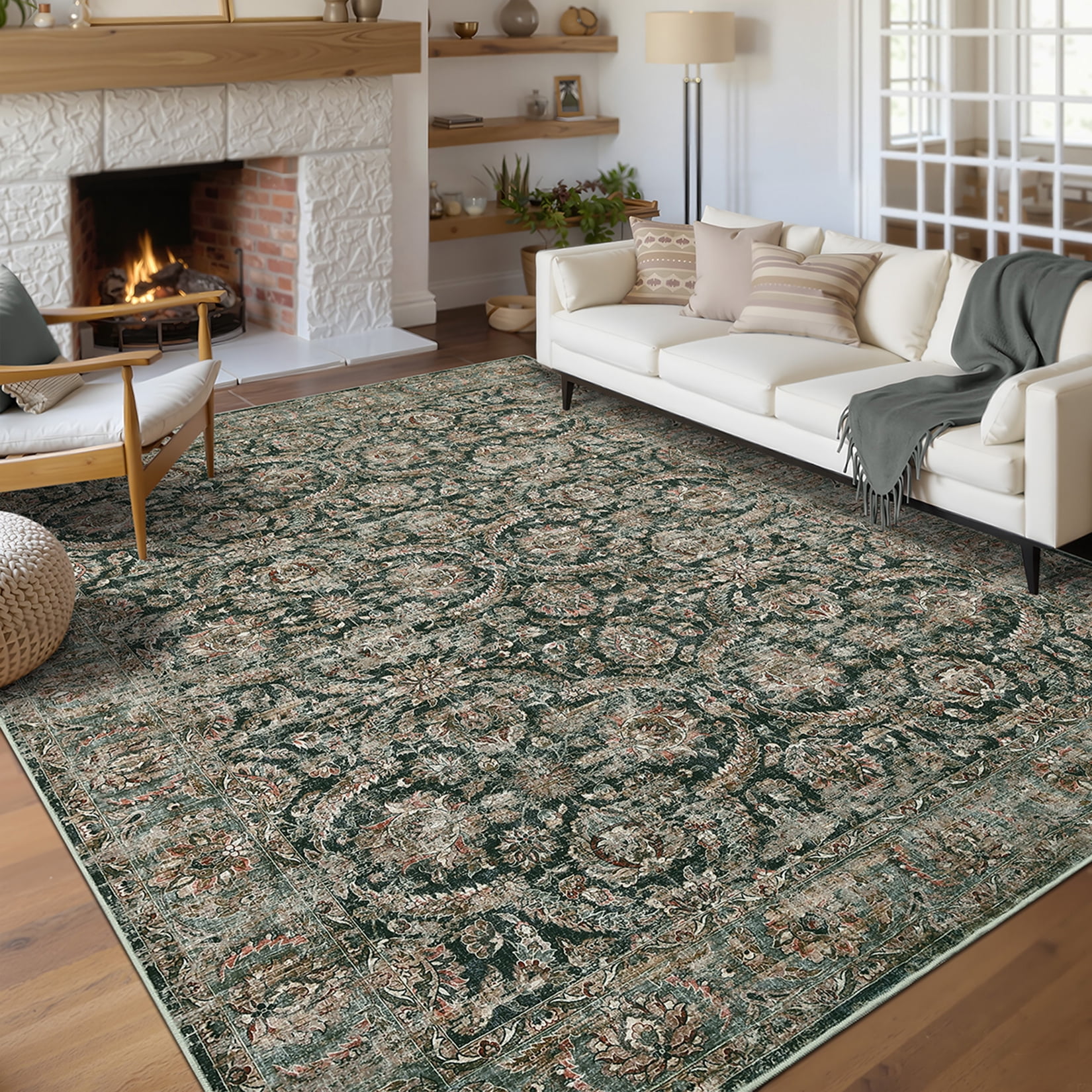 Garvee 5'x7' Vintage Area Rugs Washable Rugs, Non Slip Low Pile Rug Stain Resistant Contemporary Indoor Soft Carpet for Living Room Bedroom Dining Room, Black