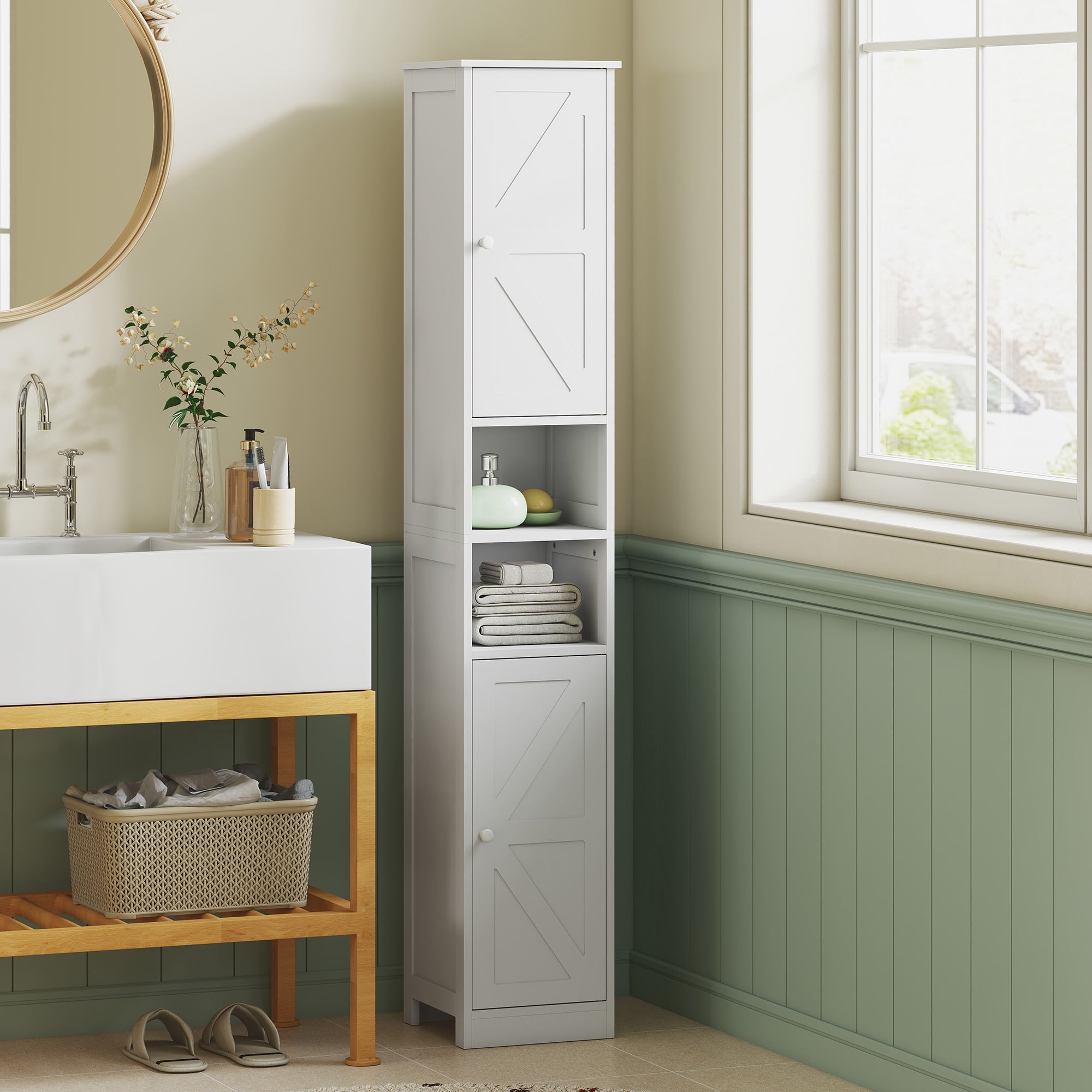 HOQBN Narrow Tall Bathroom Storage Cabinet, 70" Slim Freestanding Bathroom Cabinet with Adjustable Shelves, Open Shelves