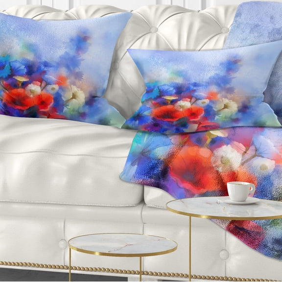 Designart Blue Corn Flowers and Red Poppies - Floral Throw Pillow - 12x20