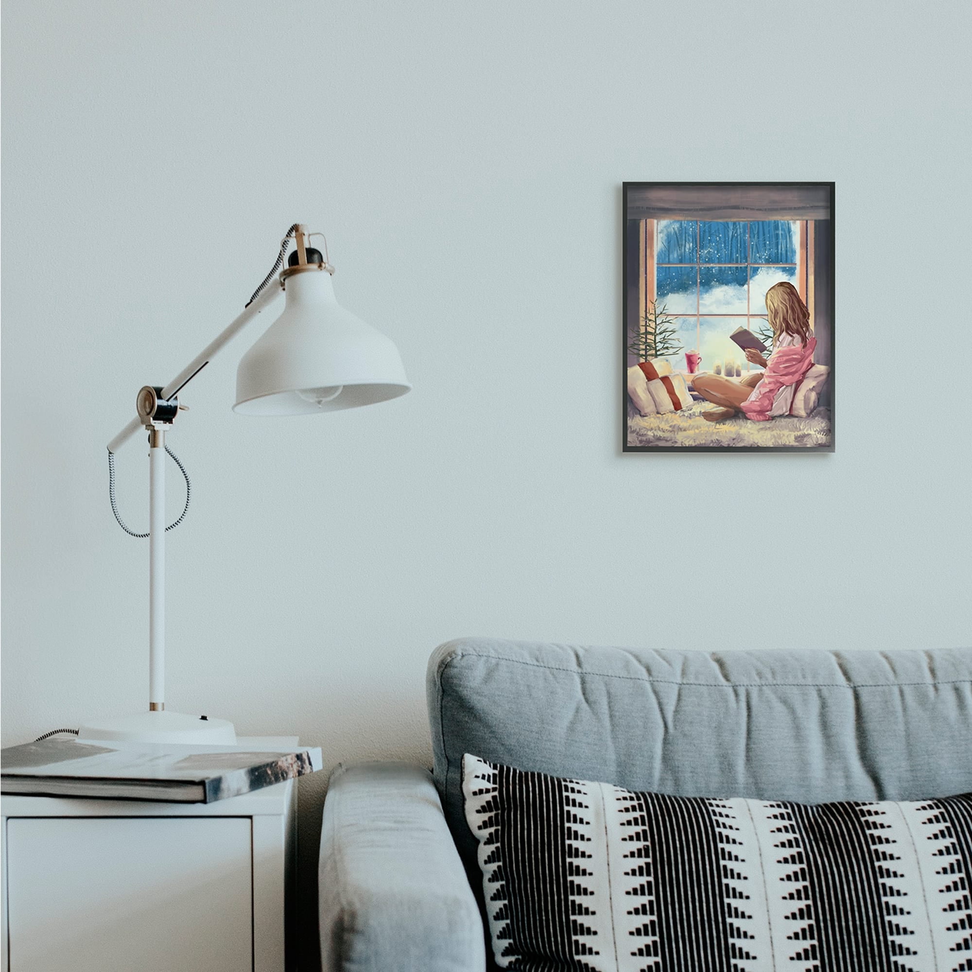 Stupell Industries Girl Reading by Snowy Window Winter Holiday Grey Framed, 11 x 14, Design by Ziwei Li