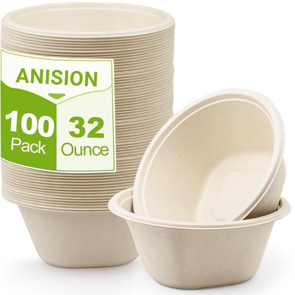 Disposable Paper Bowls 32oz Heavy Duty, 100 Pack Eco-Friendly Compostable Bowls, Party Serving Bowls for Salad, Ice Cream, Dessert and Hot S