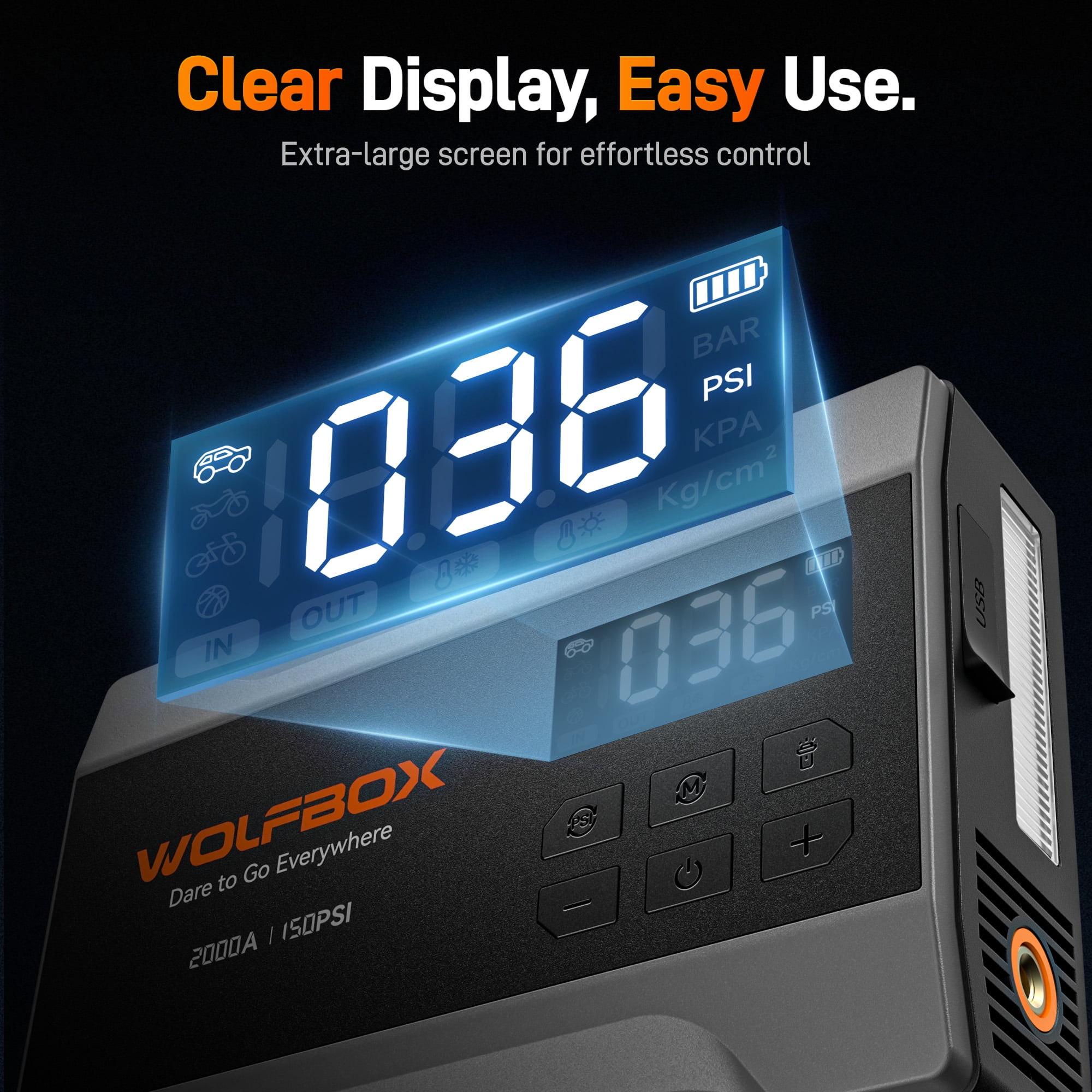 WOLFBOX Car Jump Starter with Air Compressor, 2000A 150PSI Portable Car Battery Jump Box(5.0L Gas) with Digital Tire Inflator, 12V