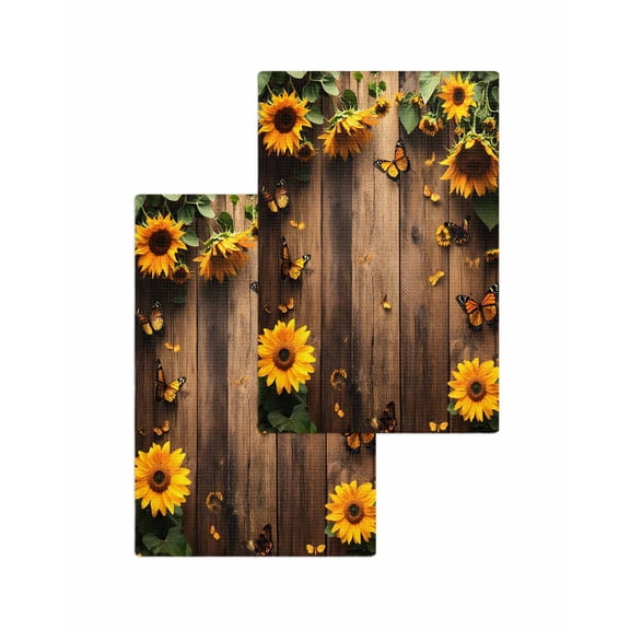 Yellow Sunflower Butterfly Kitchen Dish Towels for Drying Dishes Set of 2, Retro Wood Grain Farmhouse Waffle Weave Microfiber Terry Hand Tea Bathroom Towels Quick Dry & Absorbent Towel 15.7x23.6