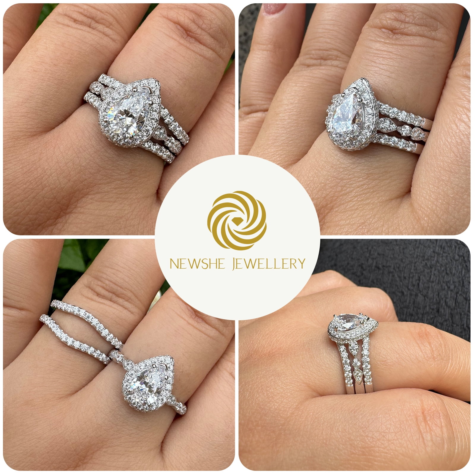 Newshe Jewellery Moissanite Wedding Rings for Women Pear Cut Engagement Ring Sets Teardrop Bridal Band Enhancer Size 7