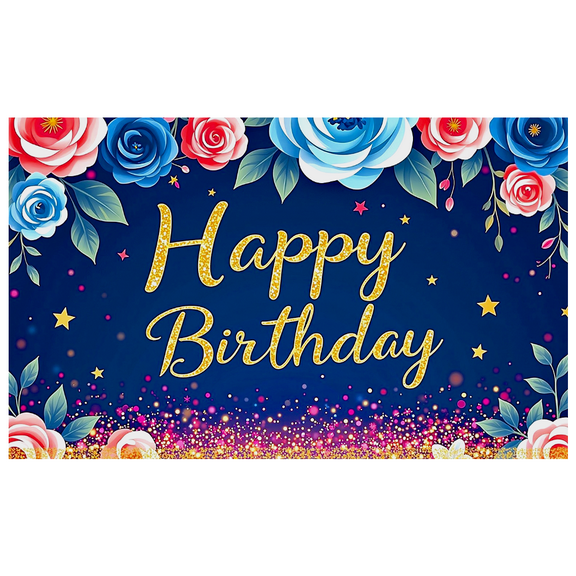 Blue Background Happy Birthday Banner with Colorful Roses and Glittery Stars Party Decoration Backdrop for Birthday Party Photography Props Decorations