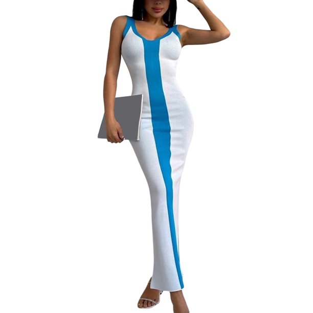 Txlixc Vestido largo de punto femenino bodycon, vestido midi de cuello V sin mangas Txlixc moda