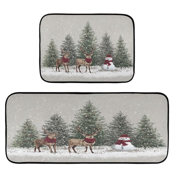 2-Piece Kitchen Rugs Set Non-Slip Mats Carpet Floor for Kitchen, Bathroom (19.7"x27.6" & 19.7"x47.2") Christmas Deer and Snowmen