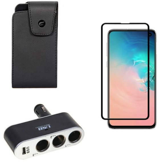 Galaxy S10e Car Charger Splitter w Screen Protector w Case Belt Clip - DC Socket USB Port Power, Tempered Glass 5D Curved Edge, Leather Swivel Holster for Samsung Galaxy S10e Phone