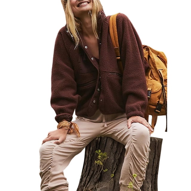 Chaqueta Afelpada para Mujer, con Botones, Estilo Casual, Ideal para el Invierno Abrigo Cálido con Bolsillos Marrón Oscuro S