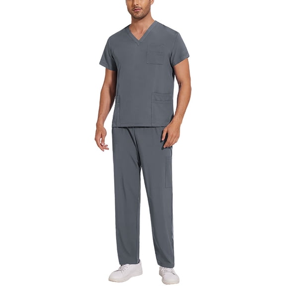 HAJWOH Gray Scrubs for Men Set XL Stretchy Nursing Uniform Short Sleeve V Neck Scrub Top & Jogger Pant Solid Color Medical Scrub Sets with Multi Pockets Gray XL