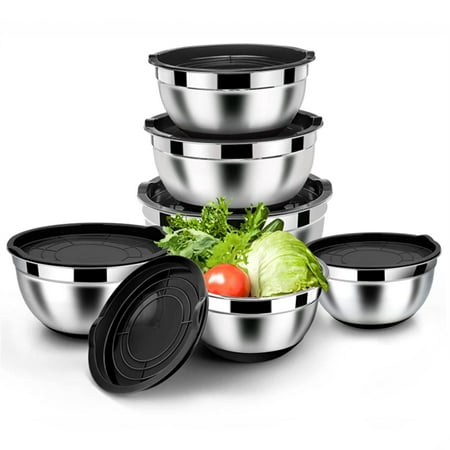

Mixing Bowl Stainless Steel Salad Bowl Set with Airtight Lid & Non-Slip Bottom Stackable for Kitchen Cooking Baking Etc