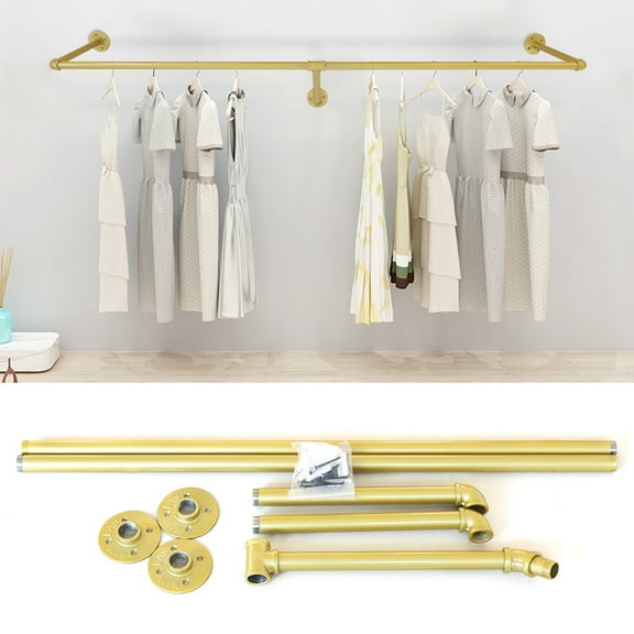Industrial Wall Mounted Gold Metal Clothes Rack Pipe Clothes Hanging Pole Shelves Metal Pipe Wall Mounted Hanging Clothing Rack Garment Rack for Clothes, Wedding Clothes, Wedding Dress