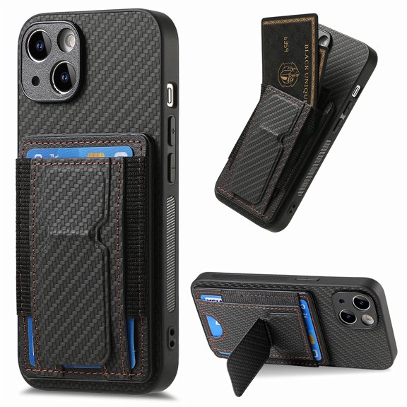 SaniMore for iPhone 15 Plus Case, PU Leather Carbon Fibre Anti-scratch Adjustable Stand Card Slots [RFID Blocking] Shockproof Anti-fall Anti-fingerprint Wallet Shell for Men Women, Black
