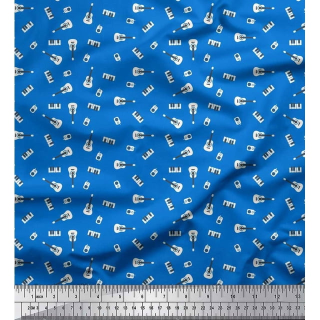 Soimoi Silk Fabric Radio Transistor,Guitar & Piano Musical Instrument Print Sewing Fabric Yard 42 Inch Wide
