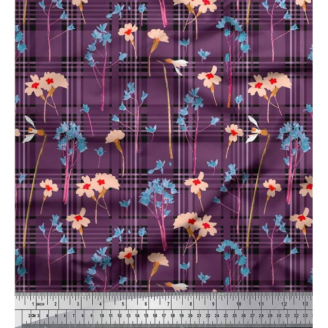 Soimoi Georgette Viscose Fabric Floral & Check Decor Fabric Printed Yard 42 Inch Wide