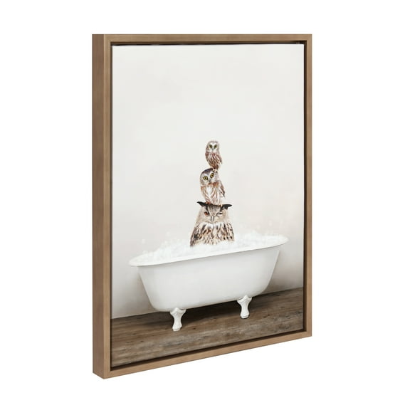 Kate and Laurel Sylvie Stacked Owls in Rustic Bath Framed Canvas Wall Art by Amy Peterson Art Studio, 18x24 Gold, Modern Fun Decorative Bathtub Wall Art for Home Décor