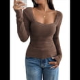 thumbnail image 2 of Camisas de Larga para Mujer, Cuello Cuadrado, Tops Cortos de Punto Acanalado, Conjuntos de Otoño, Ropa de Moda Marrón XL, 2 of 10