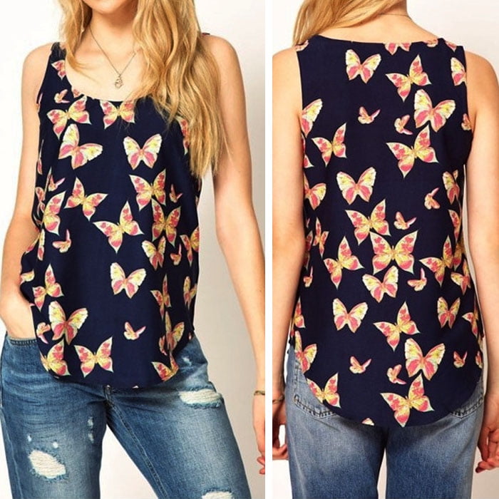 Fashion Women's Butterfly Print Tank Tops Vest Chiffon Blouse Sleeveless T-Shirt Fashion Women's Butterfly Print Tank Tops Vest Chiffon Blouse Sleeveless T-Shirt