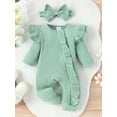 thumbnail image 2 of SUNSIOM Baby Girl 2 Piece Outfits, Round Neck Long Sleeve Ruffled Ribbed Romper + 3D Bow Headband Infant Newborn Set for Spring Fall, 2 of 6