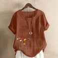 thumbnail image 2 of Staron Jolis Hauts pour Femmes en Liquidation à Moins de 10 $ Blouses Habillées Décontractées Grande Taille Coton Lin Col Rond Manches Courtes Retroussées Tuniques Amples Tendance à Fleurs Hauts d'Été, 2 of 4