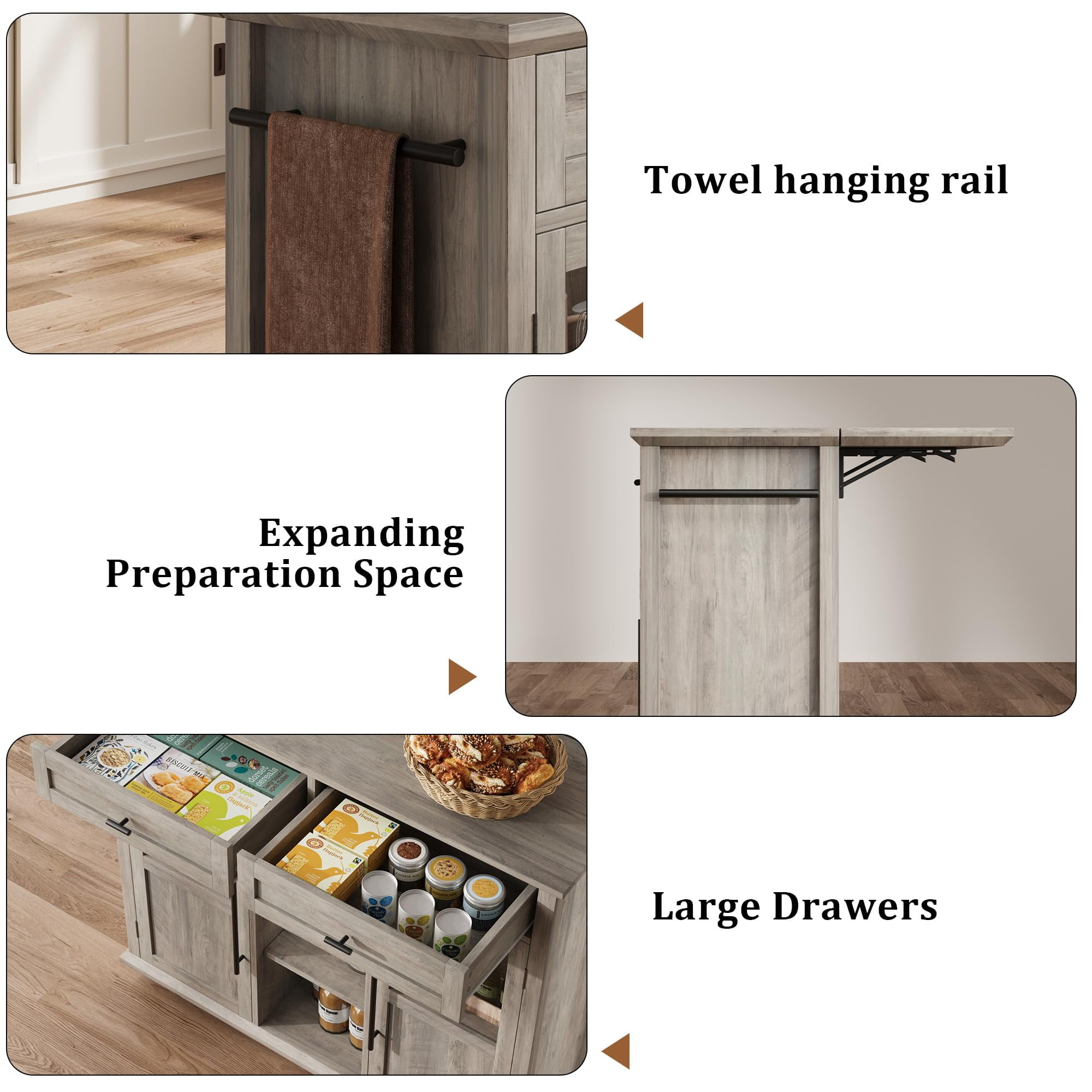 Rolling Kitchen Island Cart with Folding Drop Leaf, Breakfast Bar, Portable Trolley Island with Large Storage Cabinet, Shelf and Drawer