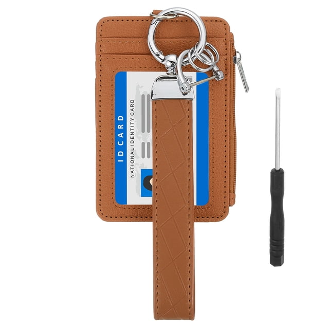 Billetera delgada de cuero PU, estuche para tarjetas de crédito con billeteras de monedas, ventana para ID y muñequera de llavero