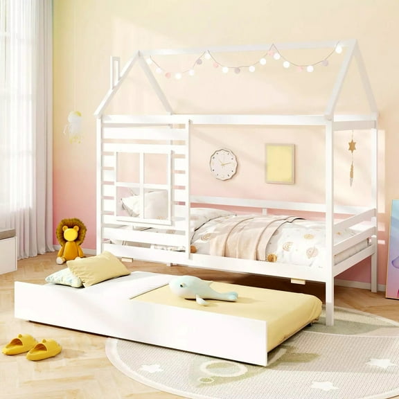 Auranook Twin Size House Bed with Trundle Wooden Platform Bed with Roof Chimney & Window