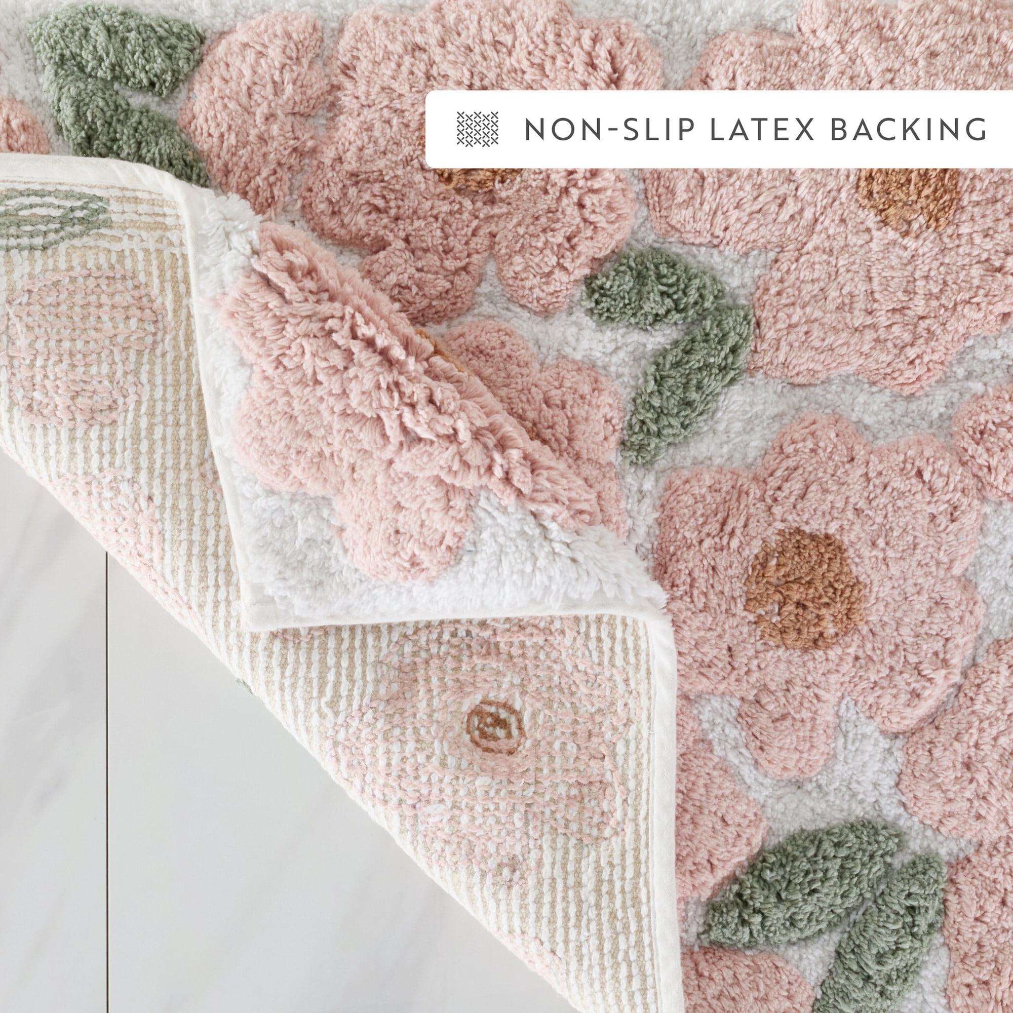 Noble Linens Floral Pattern Cotton Bath Mat, 24 in x 17 in, Blossoms Pink