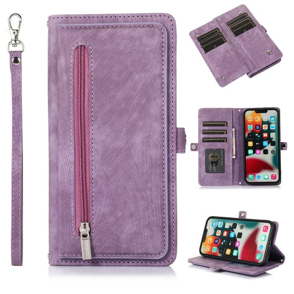 Allytech for iPhone 12/12 Pro Case with Crossbody Strap, Zipper Pocket Hand Strap Lanyard Wallet Purse Case with Card Holder Folding Stand PU Leather Cover for iPhone 12 Pro/12 6.1" 2020, Purple